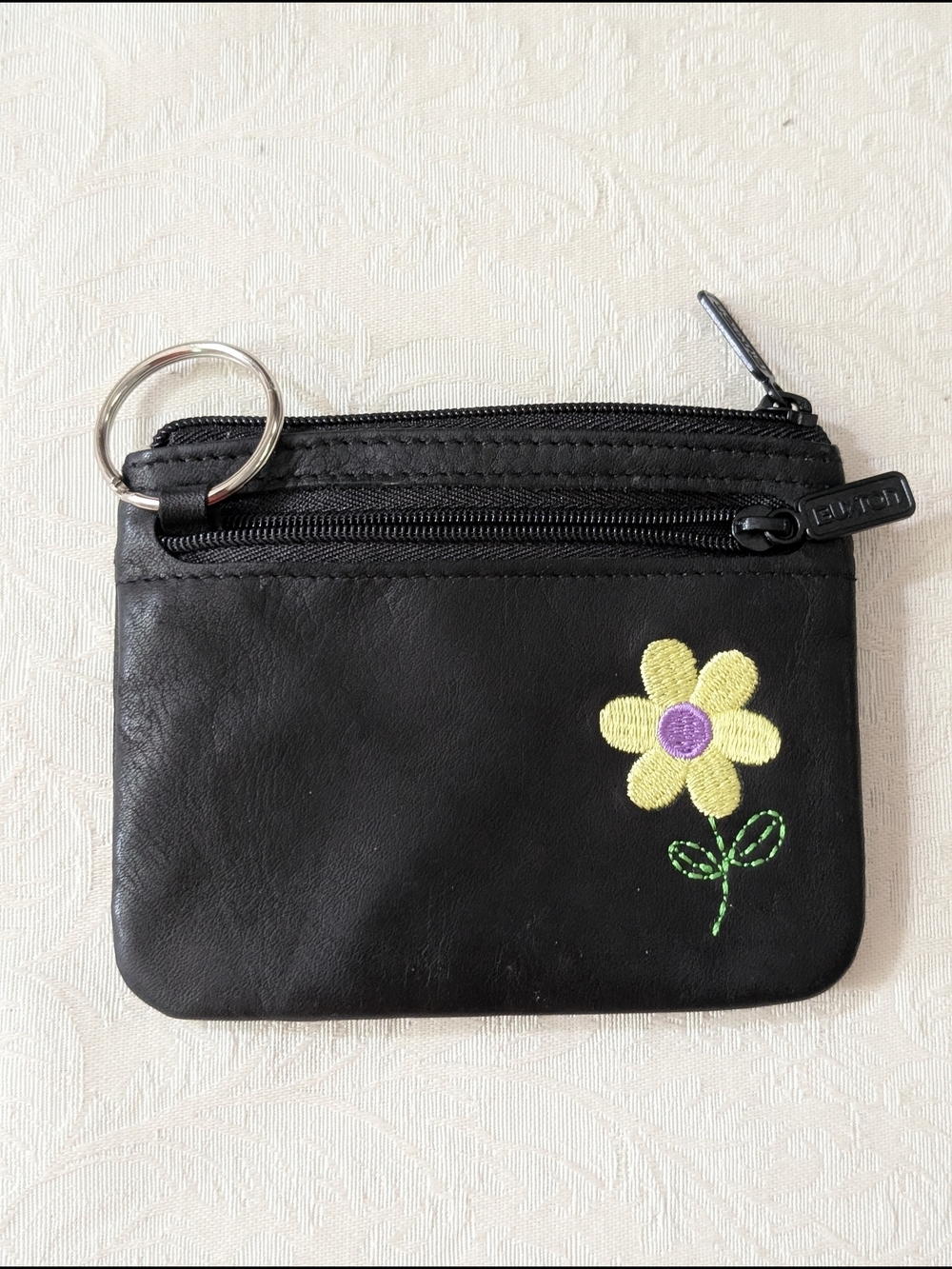 Buxton Black Floral Embroidered Women's Zip Wallet Coin Pouch Keyring ID Window